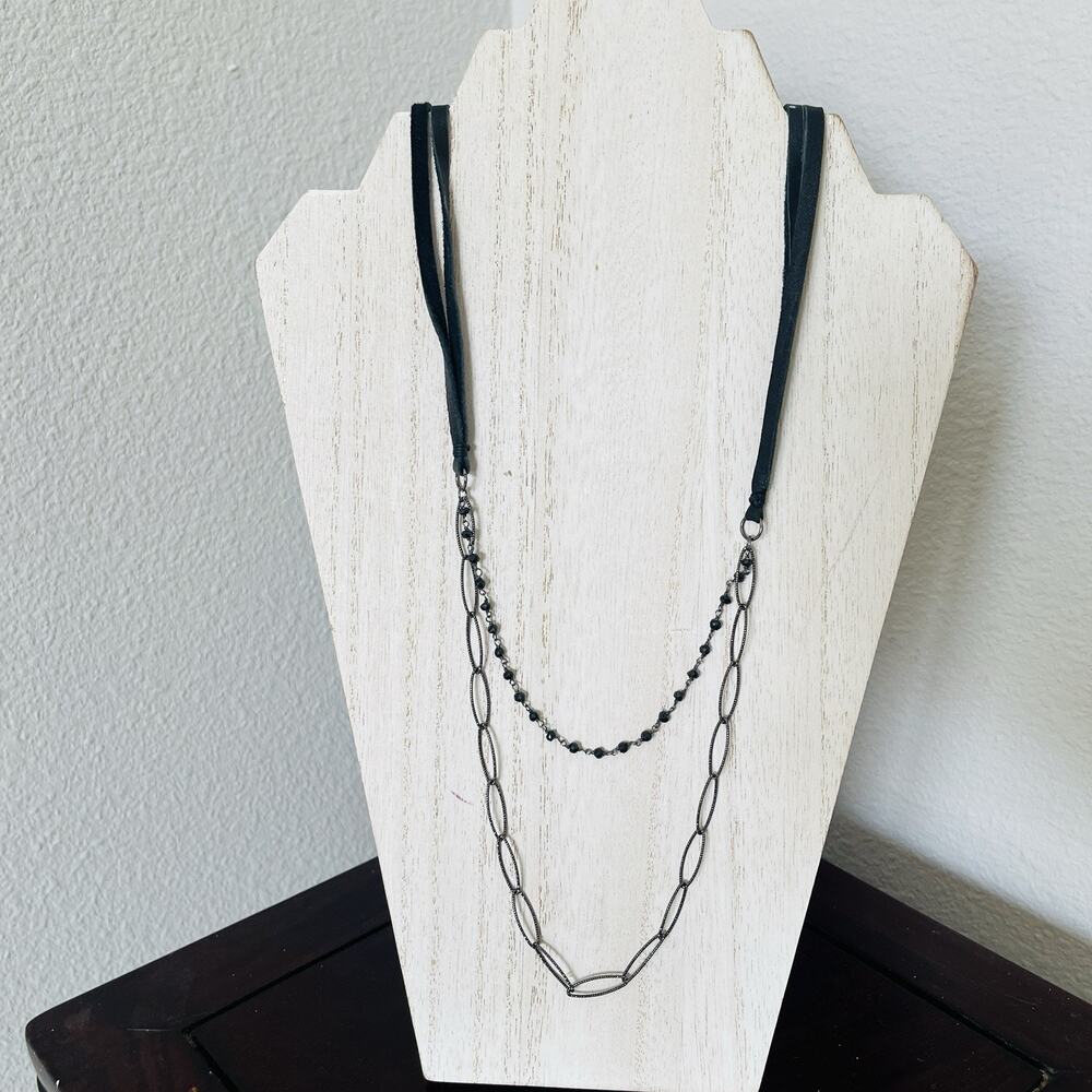 Unbranded Double Layer Gunmetal Necklace On Leather Cord String, elegant, casual